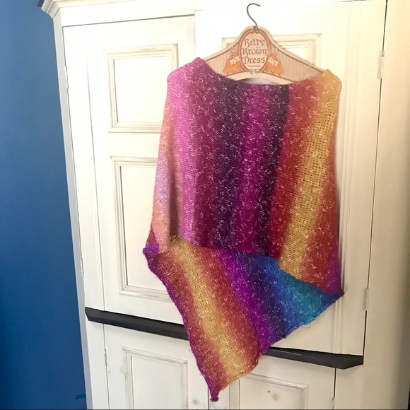 Hand Knit Rainbow Poncho Shawl - Picture 2 of 8